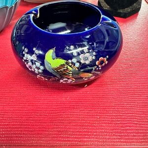 Blue Ceramic Bowl with Bird and Floral Design
